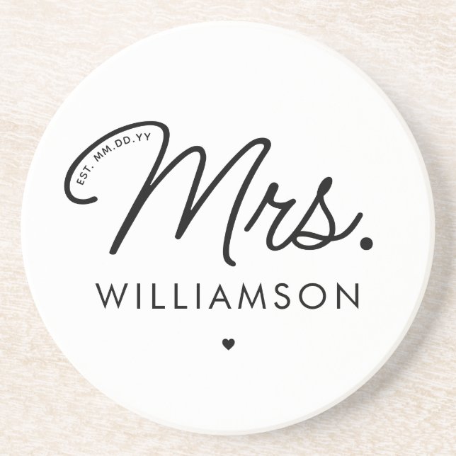 Custom Mrs. Est. Modern Elegant Script Newlywed Coaster (Front)