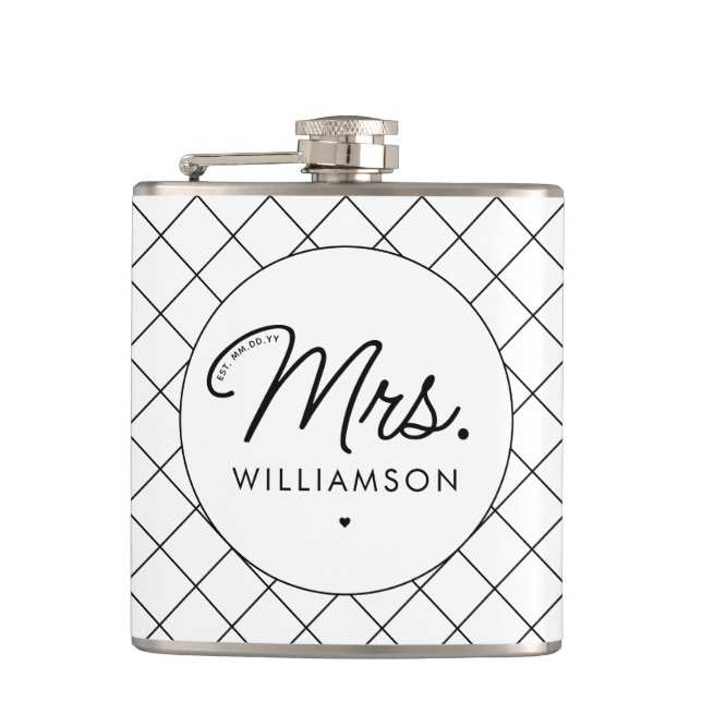 Custom Mrs. Est. Modern Elegant Script Newlywed Flask (Front)