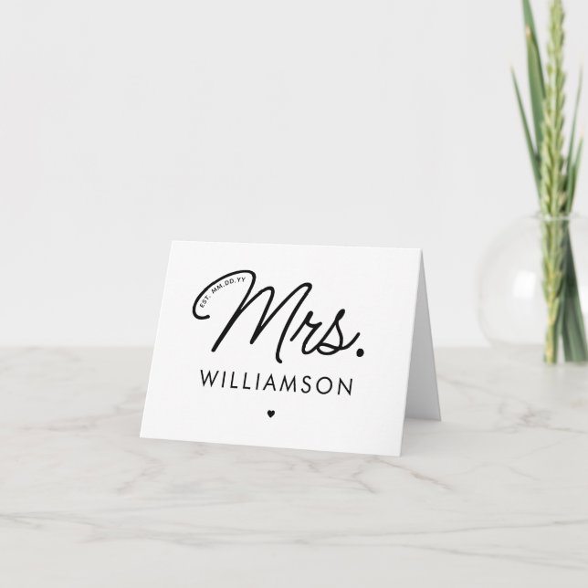 Custom Mrs. Est. Modern Elegant Script Newlywed Holiday Card (Front)