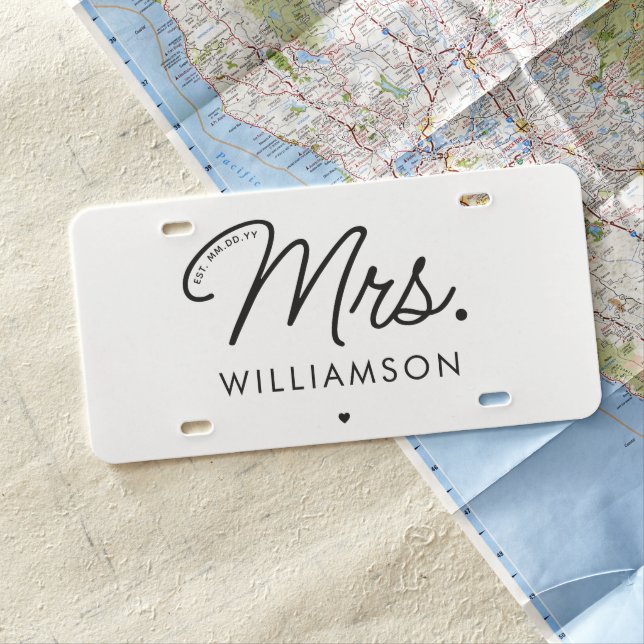 Custom Mrs. Est. Modern Elegant Script Newlywed License Plate (In Situ)