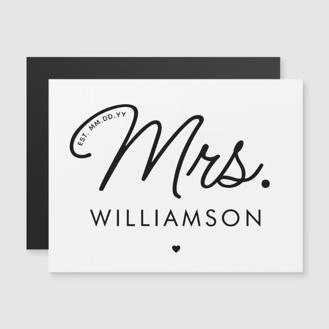 Custom Mrs. Est. Modern Elegant Script Newlywed Magnetic Invitation (Front/Back)