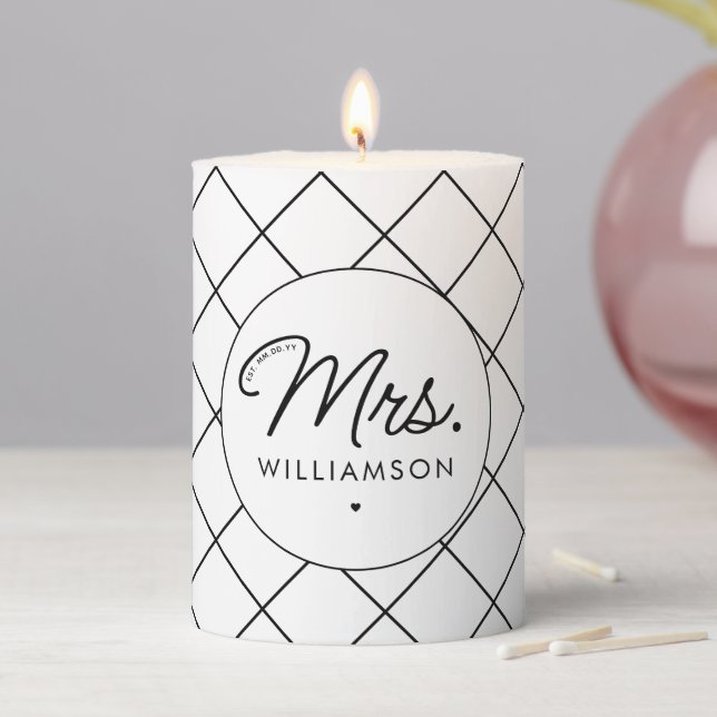 Custom Mrs. Est. Modern Elegant Script Newlywed Pillar Candle (In Situ)