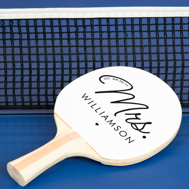 Custom Mrs. Est. Modern Elegant Script Newlywed Ping Pong Paddle (Insitu)