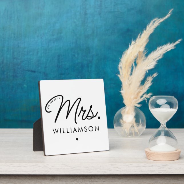 Custom Mrs. Est. Modern Elegant Script Newlywed Plaque (Insitu)