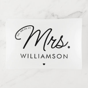 Custom Mrs. Est. Modern Elegant Script Newlywed Trinket Tray