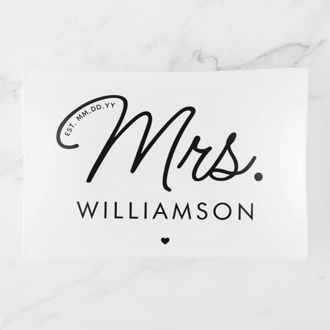 Custom Mrs. Est. Modern Elegant Script Newlywed Trinket Tray (Front)