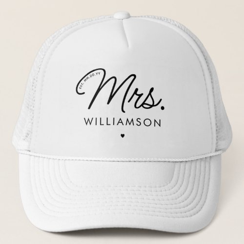 Custom Mrs Est Modern Elegant Script Newlywed Trucker Hat