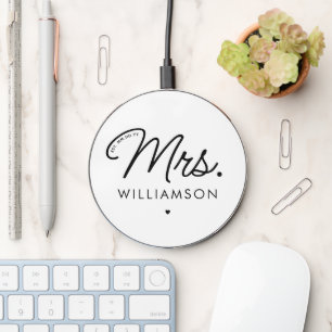 Custom Mrs. Est. Modern Elegant Script Newlywed Wireless Charger
