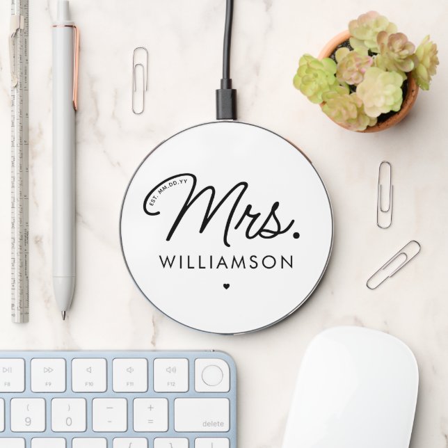 Custom Mrs. Est. Modern Elegant Script Newlywed Wireless Charger (Desk)