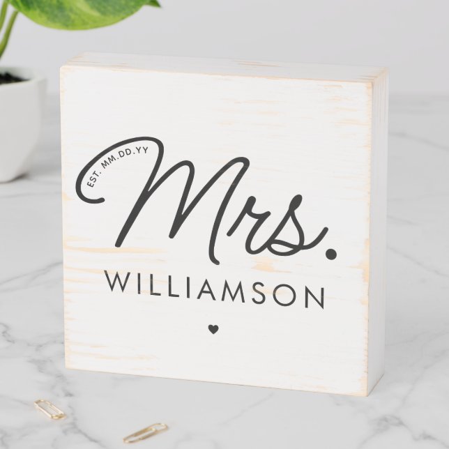 Custom Mrs. Est. Modern Elegant Script Newlywed Wooden Box Sign (In Situ Horizontal)