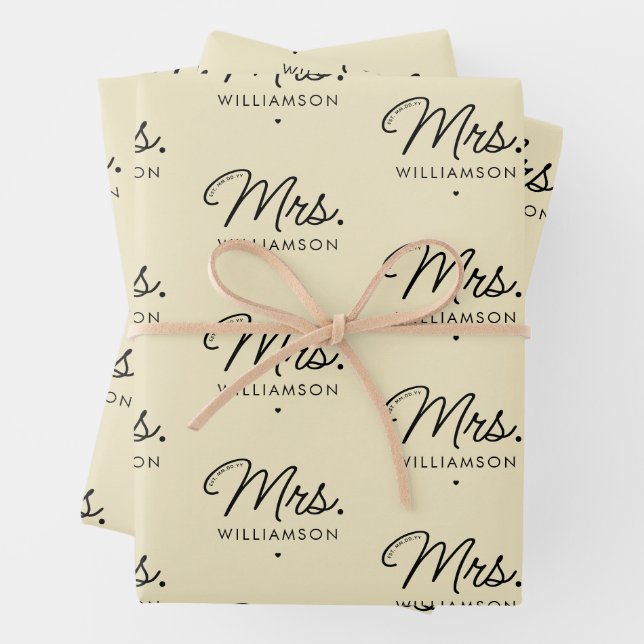 Custom Mrs. Est. Modern Elegant Script Newlywed Wrapping Paper Sheets (In situ)