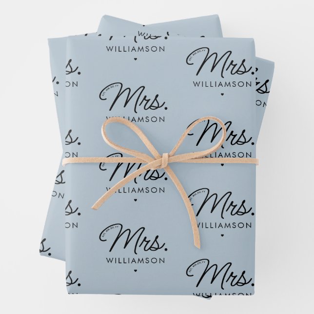 Custom Mrs. Est. Modern Elegant Script Newlywed Wrapping Paper Sheets (In situ)