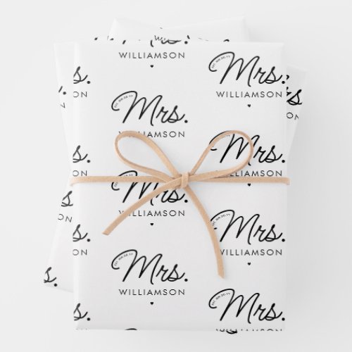 Custom Mrs Est Modern Elegant Script Newlywed Wrapping Paper Sheets