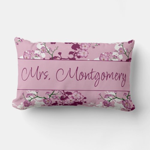 Custom Mrs Mr Elegant Pink Cherry Blossoms  Lumbar Pillow
