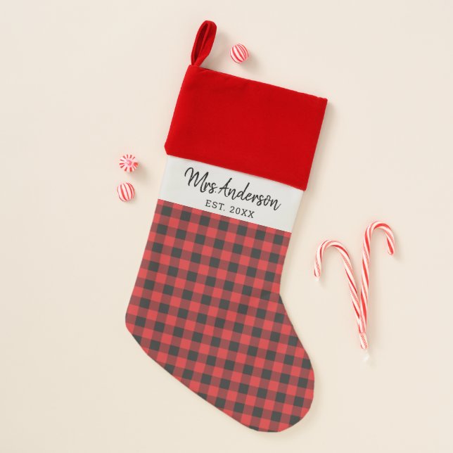 Custom Mrs Name Rustic Buffalo Plaid Tartan Christmas Stocking (Front)