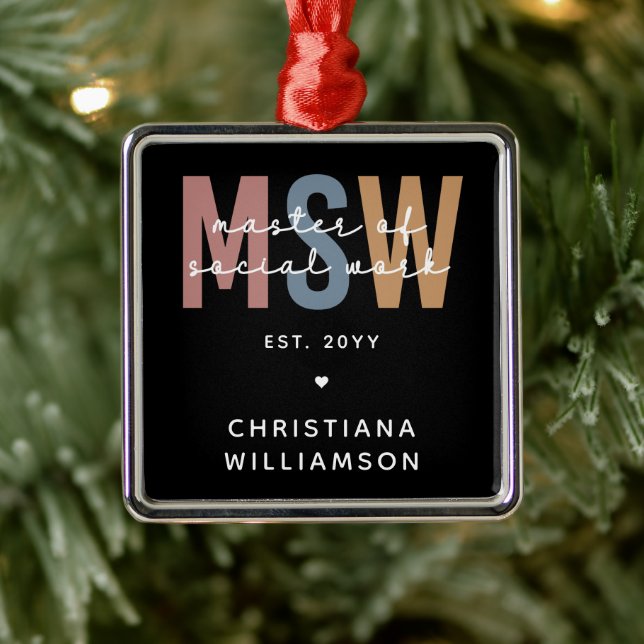 Custom MSW Master of Social Work Retro Graduation Metal Ornament (Tree)