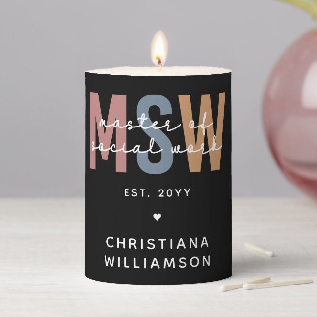 Custom MSW Master of Social Work Retro Graduation Pillar Candle (In Situ)