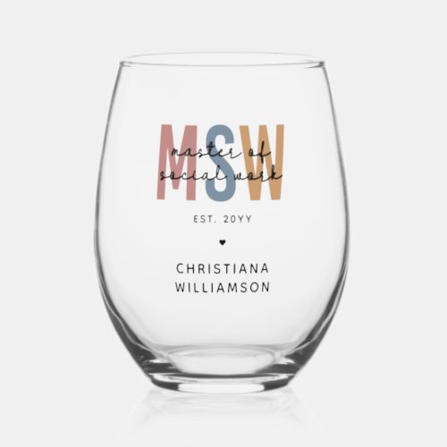 Custom MSW Master of Social Work Retro Graduation Stemless Wine Glass