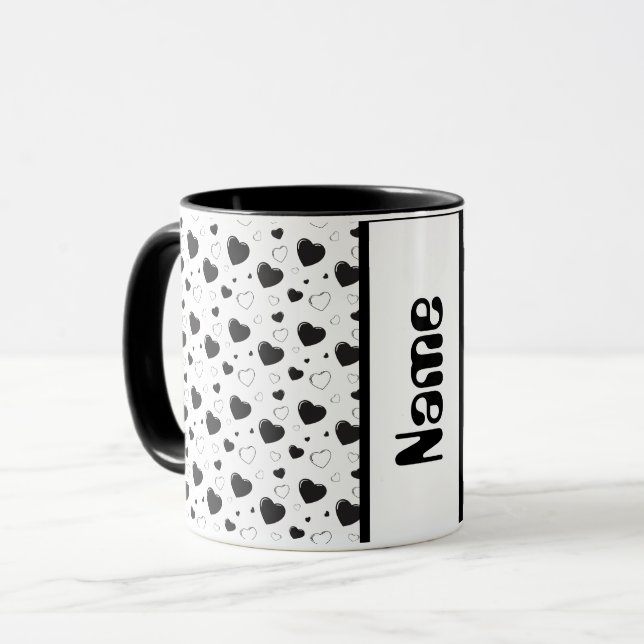 Custom Mug with a Name Black glossy hearts pattern (Front Left)
