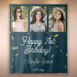 Custom Multi Photo Birthday Party Wall Backdrop<br><div class="desc">Happy Birthday! Custom Photo Booth or Party Wall Backdrop as birthday party wall decor! Space for 3 photos of the birthday girl,  and easily customize the modern typography design with your name,  message,  and birthday date. This layout features printed gold confetti sparkles over a black background.</div>