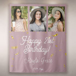 Custom Multi Photo Birthday Party Wall Backdrop<br><div class="desc">Happy Birthday! Custom Photo Booth or Party Wall Backdrop as birthday party wall decor! Space for 3 photos of the birthday girl,  and easily customize the modern typography design with your name,  message,  and birth date. This layout features printed gold confetti sparkles over a blush pink background.</div>
