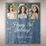 Custom Multi Photo Birthday Party Wall Backdrop<br><div class="desc">Happy Birthday! Custom Photo Booth or Party Wall Backdrop as birthday party wall decor! Space for 3 photos of the birthday girl,  and easily customize the modern typography design with your name,  message,  and birth date. This layout features printed gold confetti sparkles over a dusty blue background.</div>