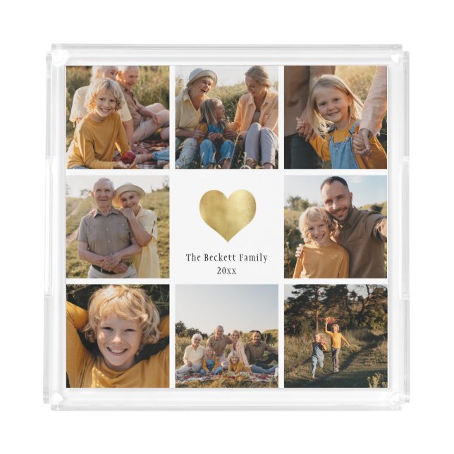 Custom Multi Photo Family Keepsake Gold Heart Acrylic Tray (Front)