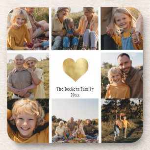 Custom Multi Photo Family Keepsake Gold Heart Beverage Coaster