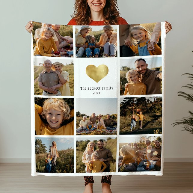 Custom Multi Photo Family Keepsake Gold Heart Fleece Blanket (Creator Uploaded)