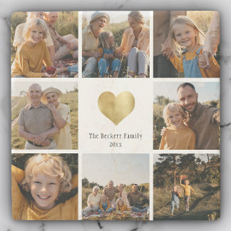 Custom Multi Photo Family Keepsake Gold Heart Stone Coaster