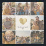 Custom Multi Photo Family Keepsake Gold Heart Stone Coaster<br><div class="desc">Make your own Family keepsake with this 8 photo modern printed gold heart stone coaster with your custom family name and year.</div>