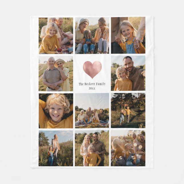 Custom Multi Photo Family Keepsake Rose Gold Heart Fleece Blanket (Front)