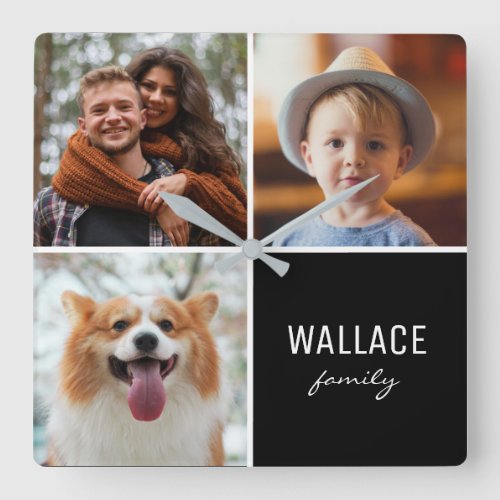 Custom Multi Photo Family Name Picture Collage Square Wall Clock