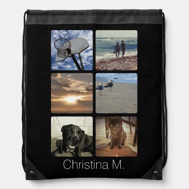 Custom Multi Photo Mosaic Picture Collage Drawstring Bag (Front)