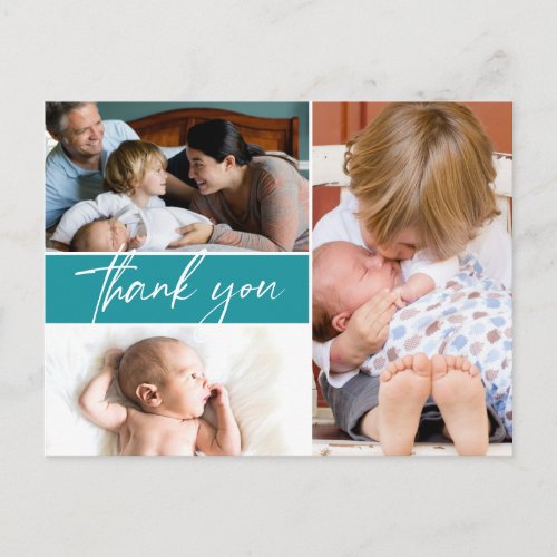 Custom Multi photo Teal Second baby Thank You Announcement Postcard