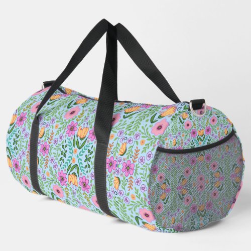 Custom Multicolored Flower Pattern Blue Blackwater Duffle Bag