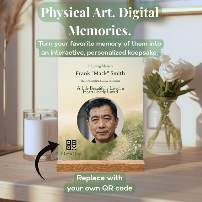 Custom Multimedia Memorial Personalized Photo Acrylic Sign (Personalized wildflower memorial acrylic with custom photo and scannable music link.)