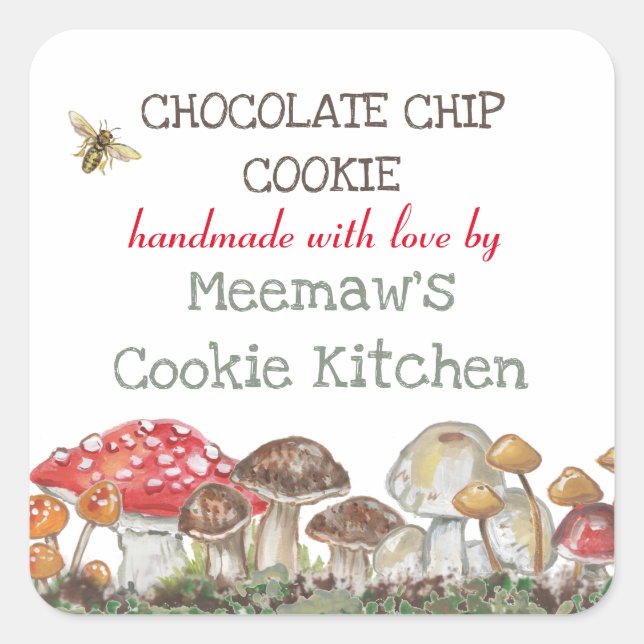 Custom Mushroom Nature Bee Painting Design Rustic Square Sticker (Front)