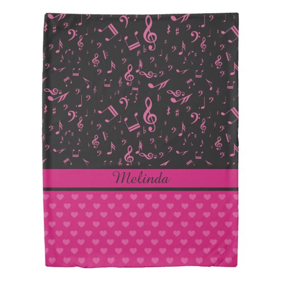 Custom Music Notes and Hearts Pattern Pink Black Duvet Cover