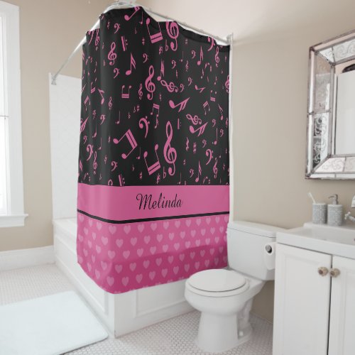 Custom Music Notes and Hearts Pattern Pink Black Shower Curtain