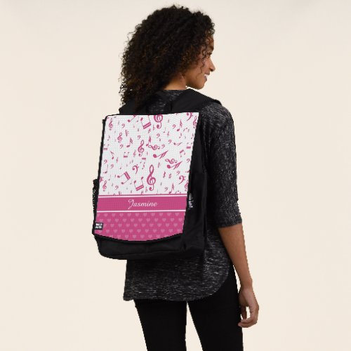 Custom Music Notes and Hearts Pattern Pink White Backpack