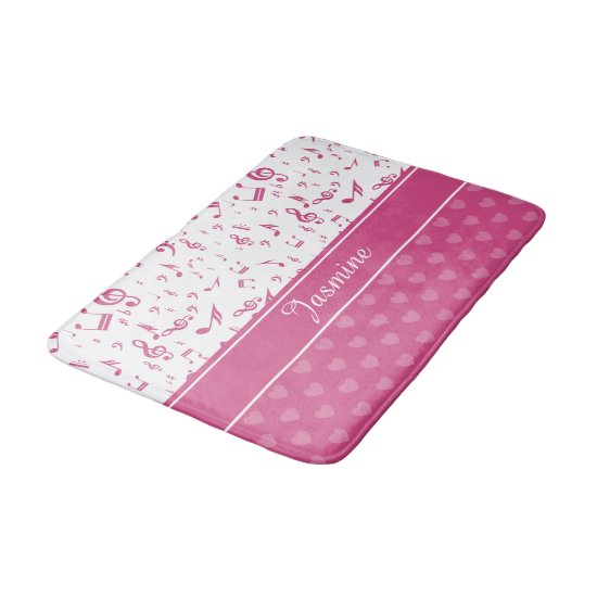 Custom Music Notes and Hearts Pattern Pink White Bath Mat