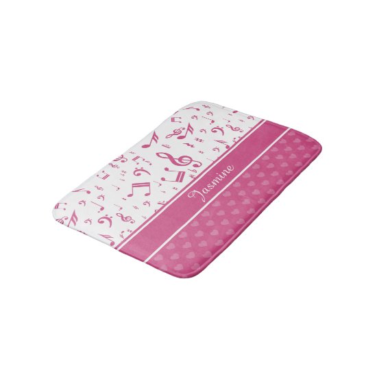 Custom Music Notes and Hearts Pattern Pink White Bath Mat