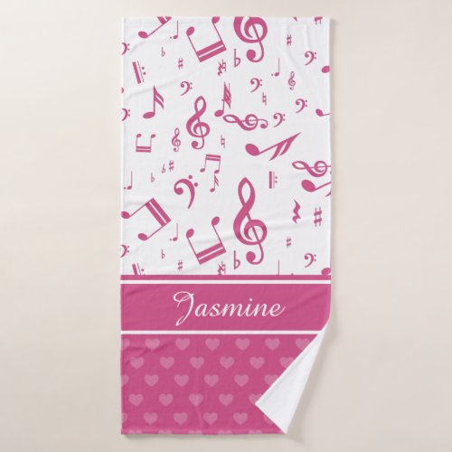 Custom Music Notes and Hearts Pattern Pink White Bath Towel