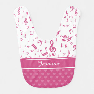 Custom Music Notes and Hearts Pattern Pink White Bib