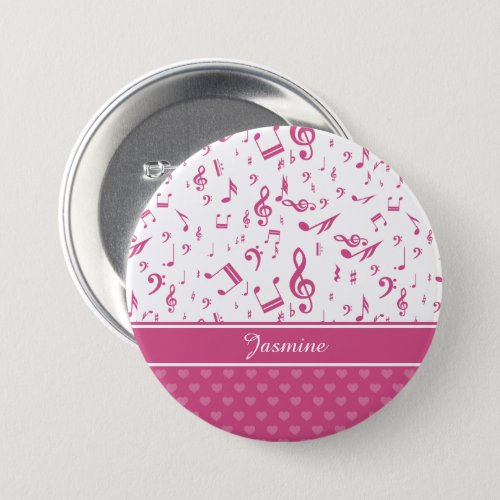 Custom Music Notes and Hearts Pattern Pink White Button
