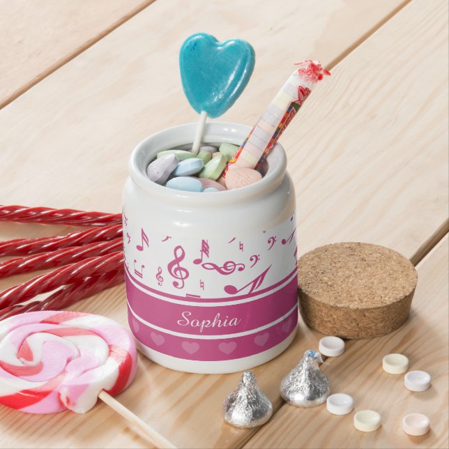 Custom Music Notes and Hearts Pattern Pink White Candy Jar (In Situ)
