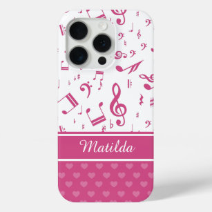 Custom Music Notes and Hearts Pattern Pink White iPhone 15 Pro Case