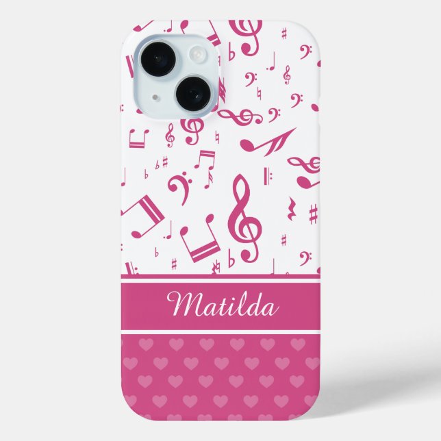 Custom Music Notes and Hearts Pattern Pink White Case-Mate iPhone Case (Back)