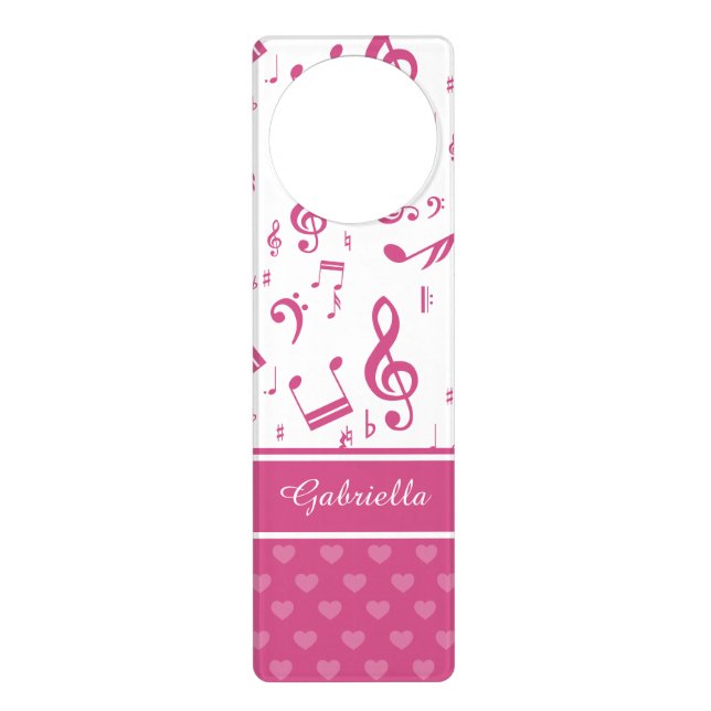 Custom Music Notes and Hearts Pattern Pink White Door Hanger (Front)